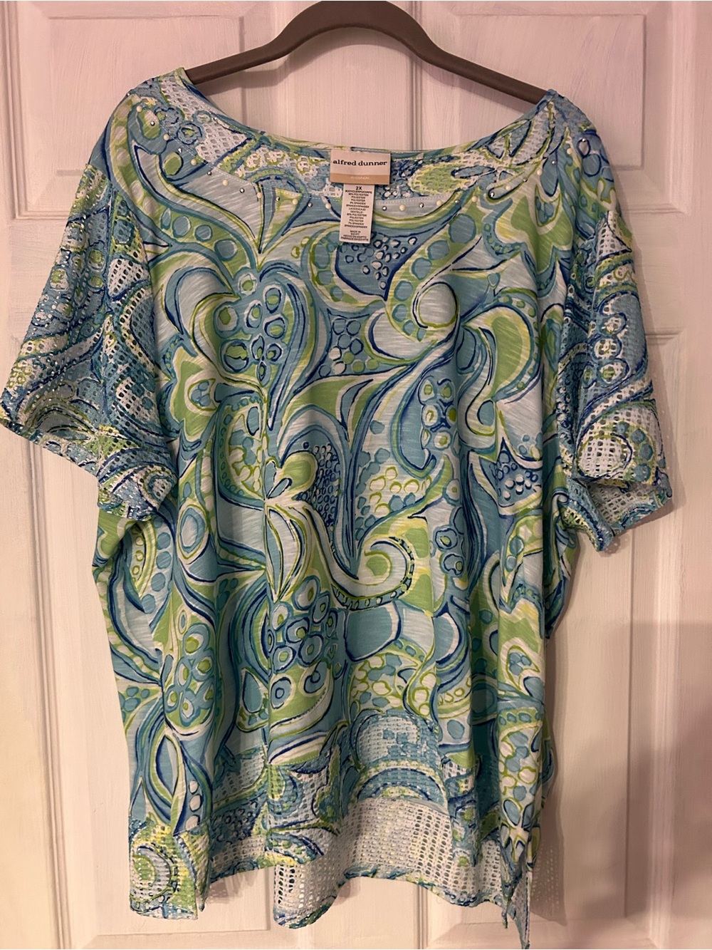 Alfred Dunner Blue & Green Swirl Print Short Sleeve Tunic